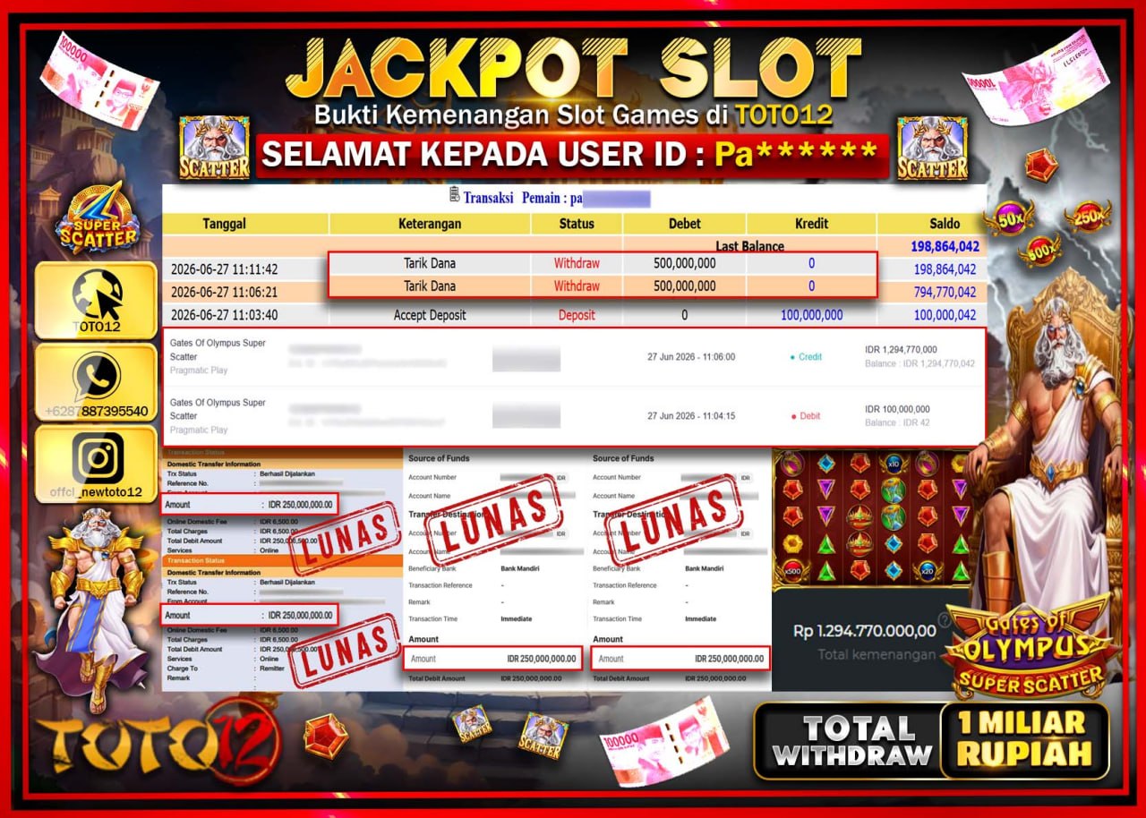 HANYA DI TOTO12 JP PASTI DI BAYAR LUNAS DAN CEPAT!!!!!! JACKPOT SLOT GAME (GATES OF OLYMPUS SUPER SCATTER) Rp1.000.000.000!!!!
