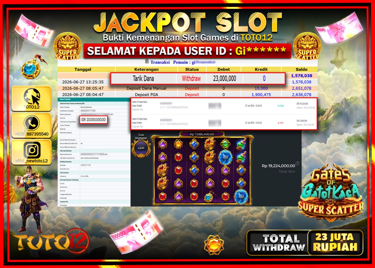 HANYA DI TOTO12 JP PASTI DI BAYAR LUNAS DAN CEPAT!!!!!! JACKPOT SLOT GAME (GATES OF GATOT KACA SUPER SCATTER) Rp23.000.000!!!!