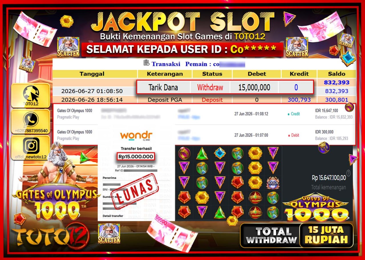 HANYA DI TOTO12 JP PASTI DI BAYAR LUNAS DAN CEPAT!!!!!! JACKPOT SLOT GAME (GATES OF OLYMPUS 1000) Rp15.000.000!!!!