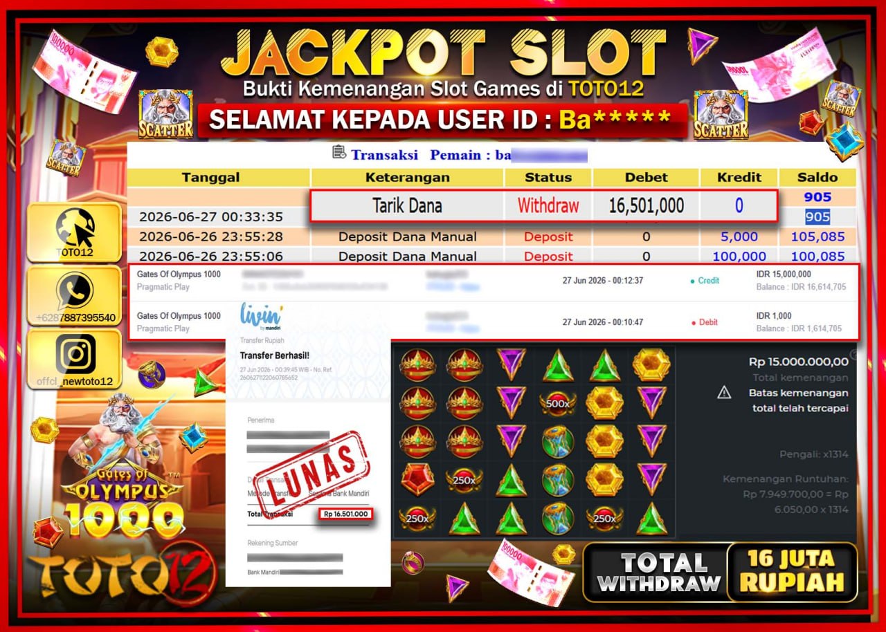 HANYA DI TOTO12 JP PASTI DI BAYAR LUNAS DAN CEPAT!!!!!! JACKPOT SLOT GAME (GATES OF OLYMPUS 1000) Rp16.501.000!!!!