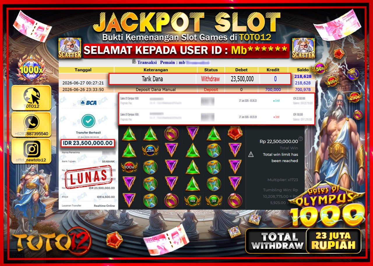 HANYA DI TOTO12 JP PASTI DI BAYAR LUNAS DAN CEPAT!!!!!! JACKPOT SLOT GAME (GATES OF OLYMPUS 1000) Rp23.500.000!!!!