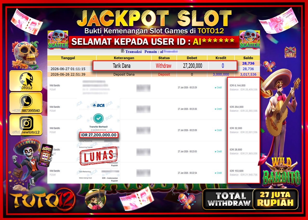 HANYA DI TOTO12 JP PASTI DI BAYAR LUNAS DAN CEPAT!!!!!! JACKPOT SLOT GAME (WILD BANDITO) Rp27.200.000!!!!