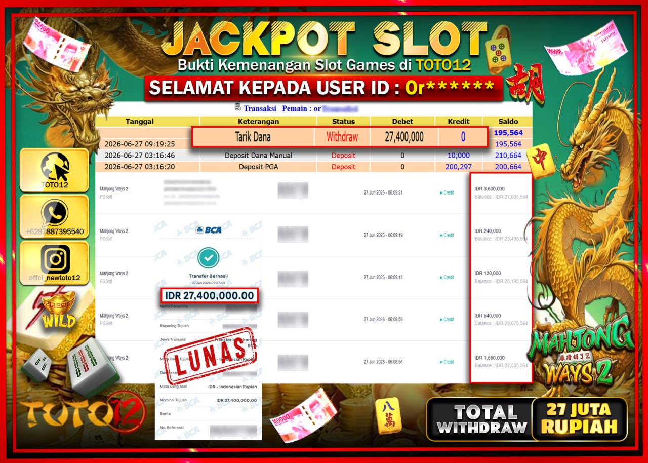 HANYA DI TOTO12 JP PASTI DI BAYAR LUNAS DAN CEPAT!!!!!! JACKPOT SLOT GAME (MAHJONG WAYS 2) Rp27.400.000!!!!