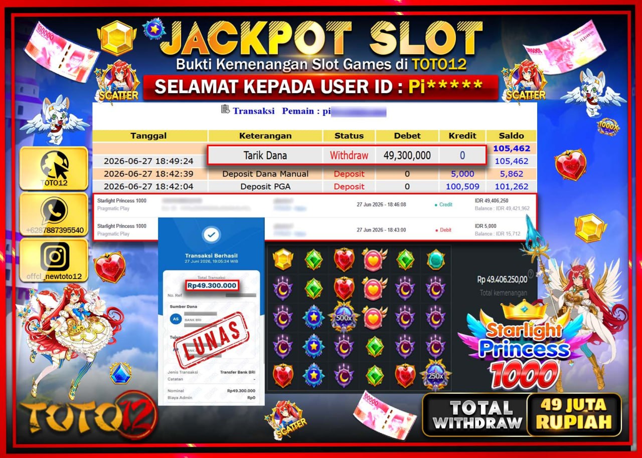 HANYA DI TOTO12 JP PASTI DI BAYAR LUNAS DAN CEPAT!!!!!! JACKPOT SLOT GAME (STARLIGHT PRINCESS 1000) Rp49.300.000!!!!