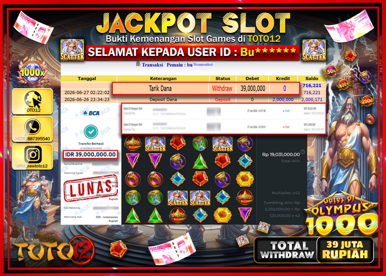 HANYA DI TOTO12 JP PASTI DI BAYAR LUNAS DAN CEPAT!!!!!! JACKPOT SLOT GAME (GATES OF OLYMPUS 1000) Rp39.000.000!!!!