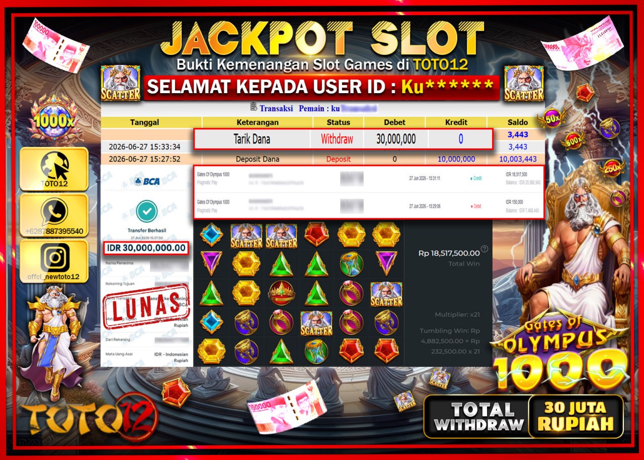 HANYA DI TOTO12 JP PASTI DI BAYAR LUNAS DAN CEPAT!!!!!! JACKPOT SLOT GAME (GATES OF OLYMPUS 1000) Rp30.000.000!!!!