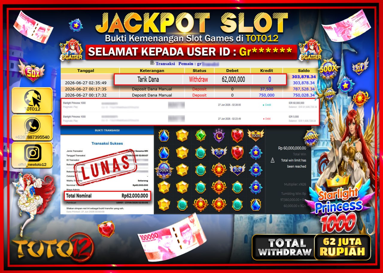 HANYA DI TOTO12 JP PASTI DI BAYAR LUNAS DAN CEPAT!!!!!! JACKPOT SLOT GAME (STARLIGHT PRINCESS 1000) Rp62.000.000!!!!