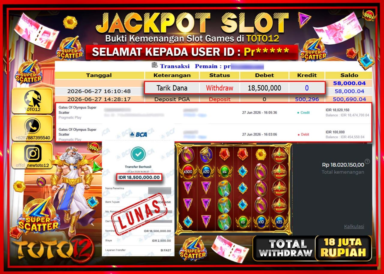 HANYA DI TOTO12 JP PASTI DI BAYAR LUNAS DAN CEPAT!!!!!! JACKPOT SLOT GAME (GATES OF OLYMPUS SUPER SCATTER) Rp18.500.000!!!!
