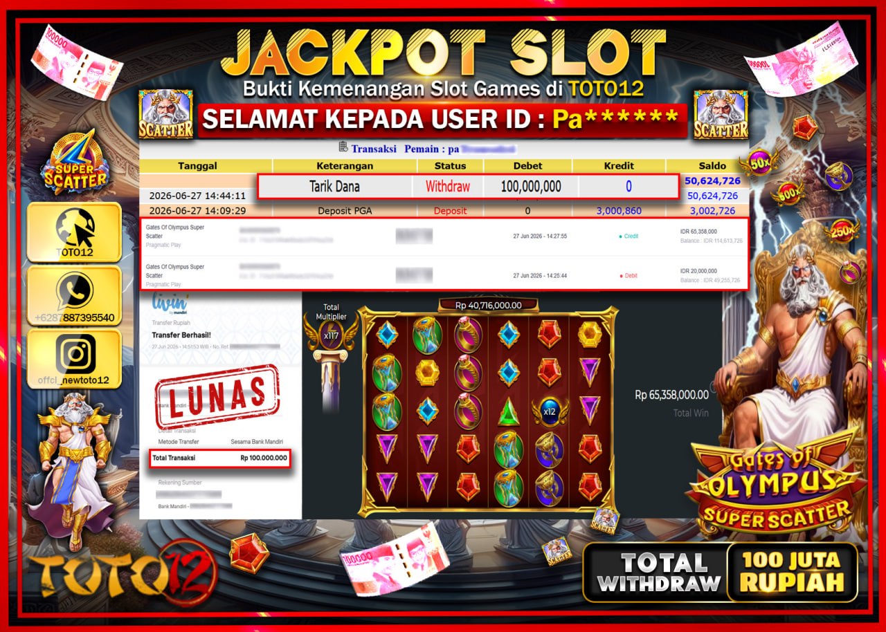 HANYA DI TOTO12 JP PASTI DI BAYAR LUNAS DAN CEPAT!!!!!! JACKPOT SLOT GAME (GATES OF OLYMPUS SUPER SCATTER) Rp100.000.000!!!!