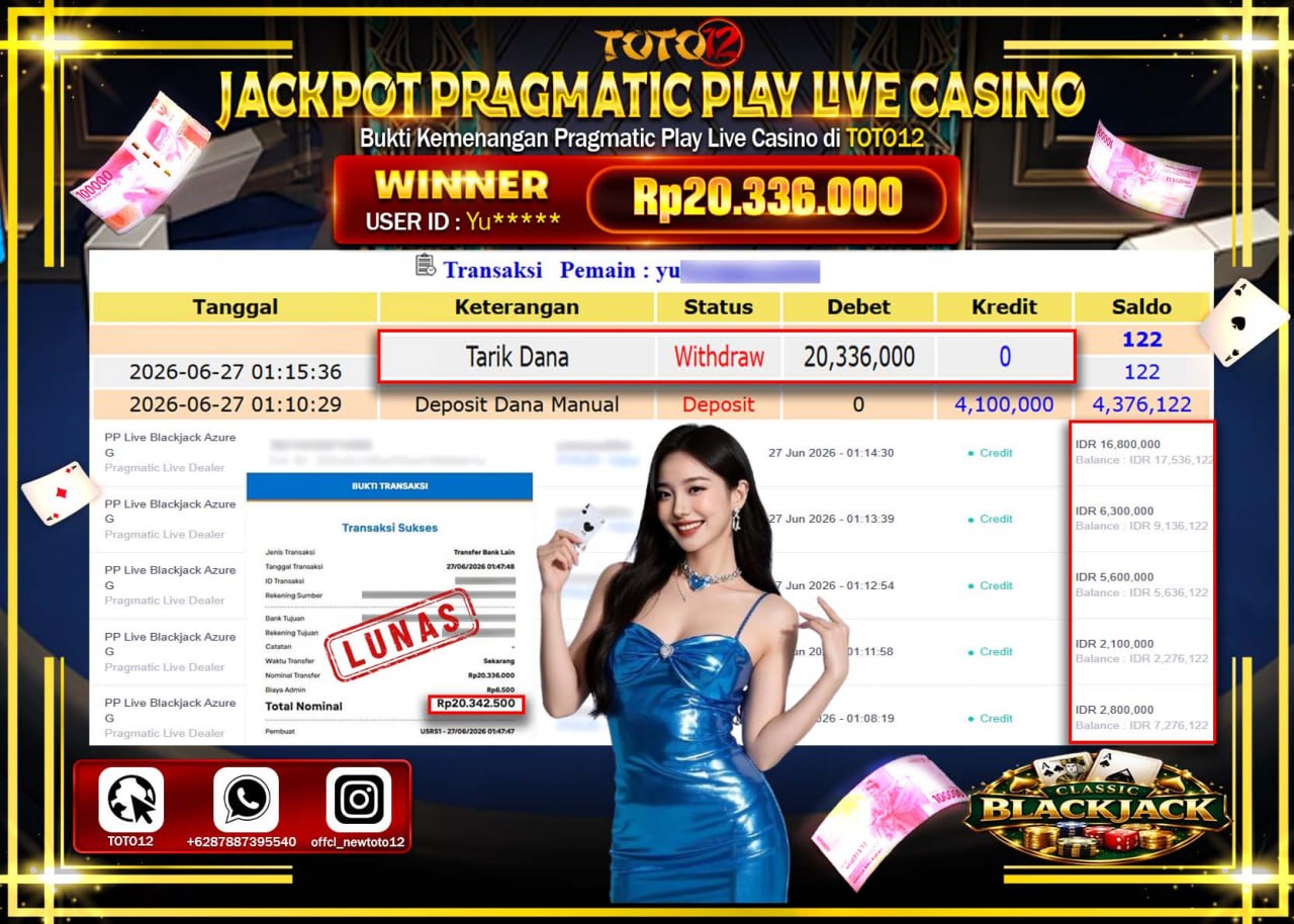 HANYA DI TOTO12 JP PASTI DI BAYAR LUNAS DAN CEPAT!!!!!! JACKPOT PRAGMATIC PLAY LIVE GAME CASINO (PP LIVE BLACKJACK AZURE G) Rp20.336.000!!!!