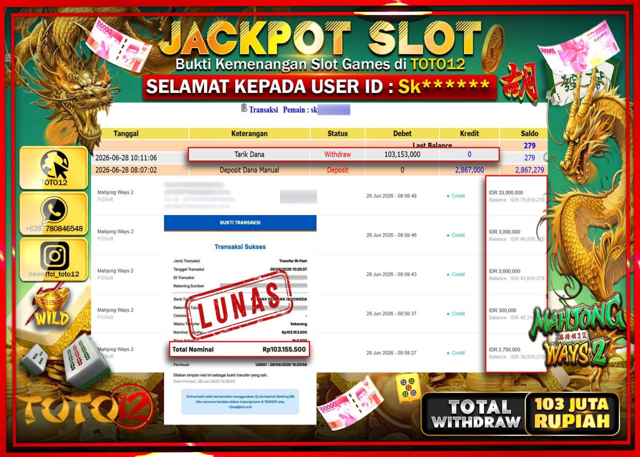 HANYA DI TOTO12 JP PASTI DI BAYAR LUNAS DAN CEPAT!!!!!! JACKPOT SLOT GAME (MAHJONG WAYS 2) Rp103.153.000!!!!