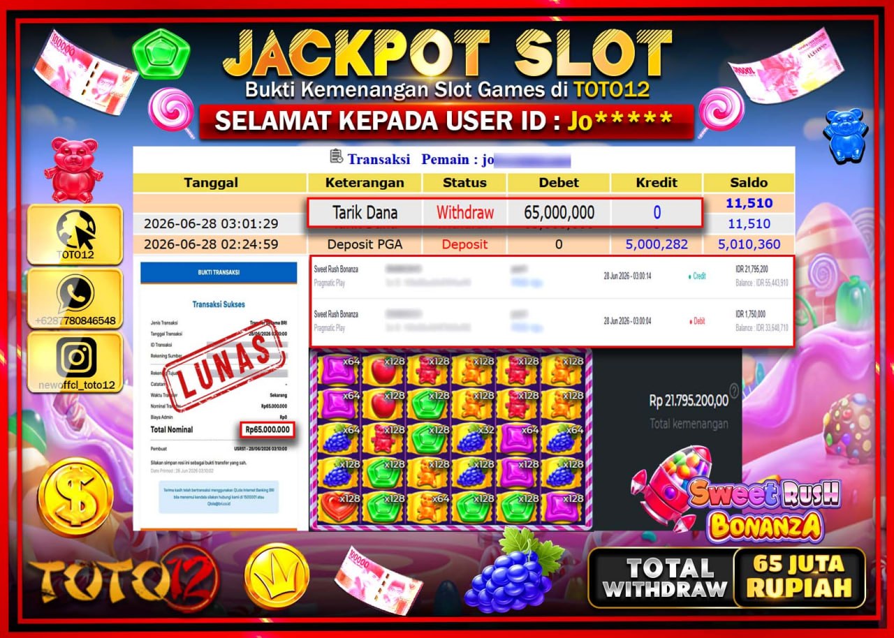 HANYA DI TOTO12 JP PASTI DI BAYAR LUNAS DAN CEPAT!!!!!! JACKPOT SLOT GAME (SWEET RUSH BONANZA) Rp65.000.000!!!!