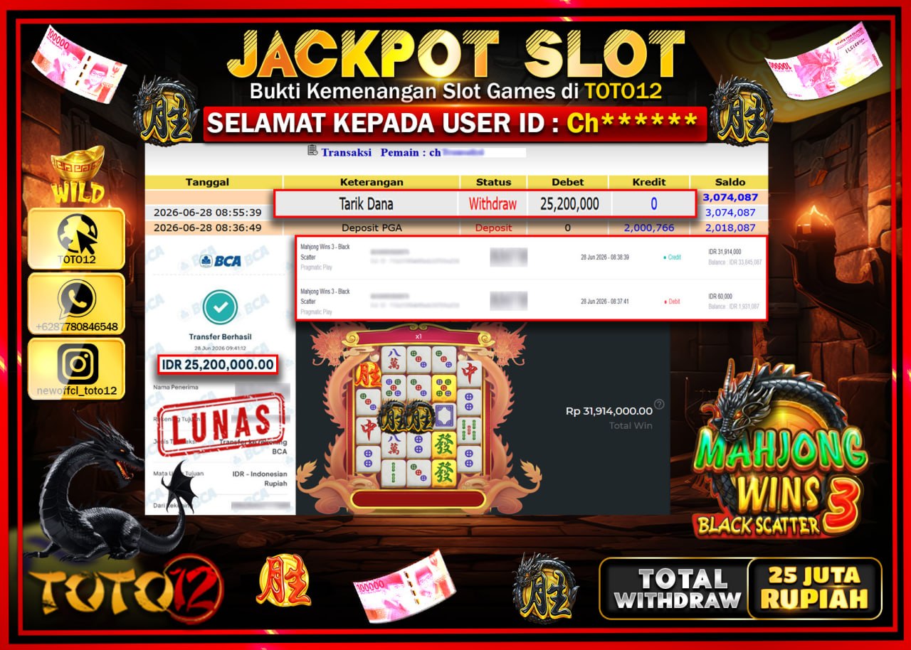 HANYA DI TOTO12 JP PASTI DI BAYAR LUNAS DAN CEPAT!!!!!! JACKPOT SLOT GAME (MAHJONG WINS 3 BLACK SCATTER) Rp25.200.000!!!!