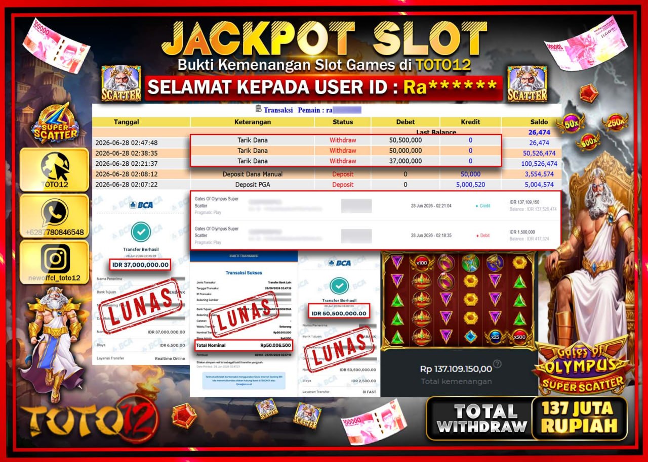HANYA DI TOTO12 JP PASTI DI BAYAR LUNAS DAN CEPAT!!!!!! JACKPOT SLOT GAME (GATES OF OLYMPUS SUPER SCATTER) Rp137.500.000!!!!