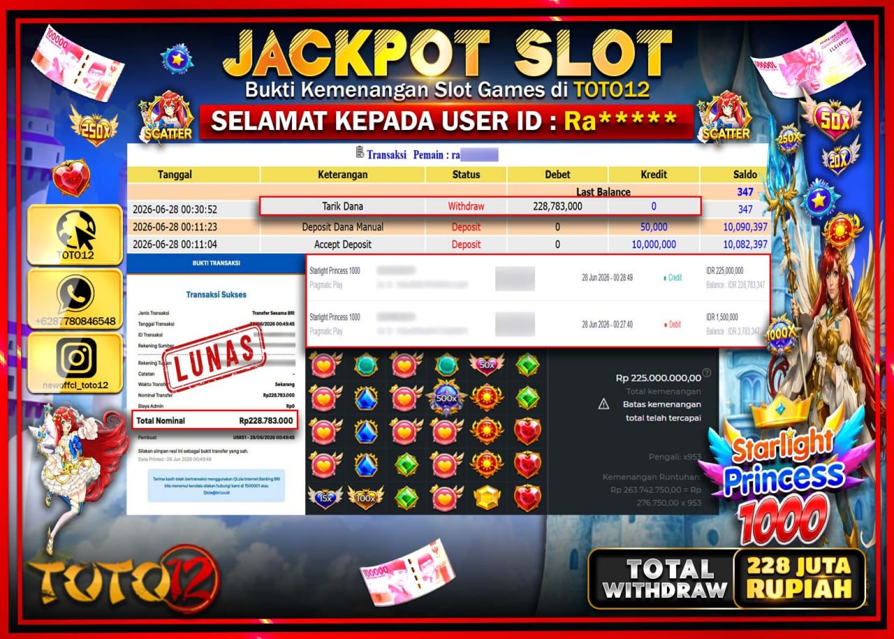 HANYA DI TOTO12 JP PASTI DI BAYAR LUNAS DAN CEPAT!!!!!! JACKPOT SLOT GAME (STARLIGHT PRINCESS 1000) Rp228.783.000!!!!