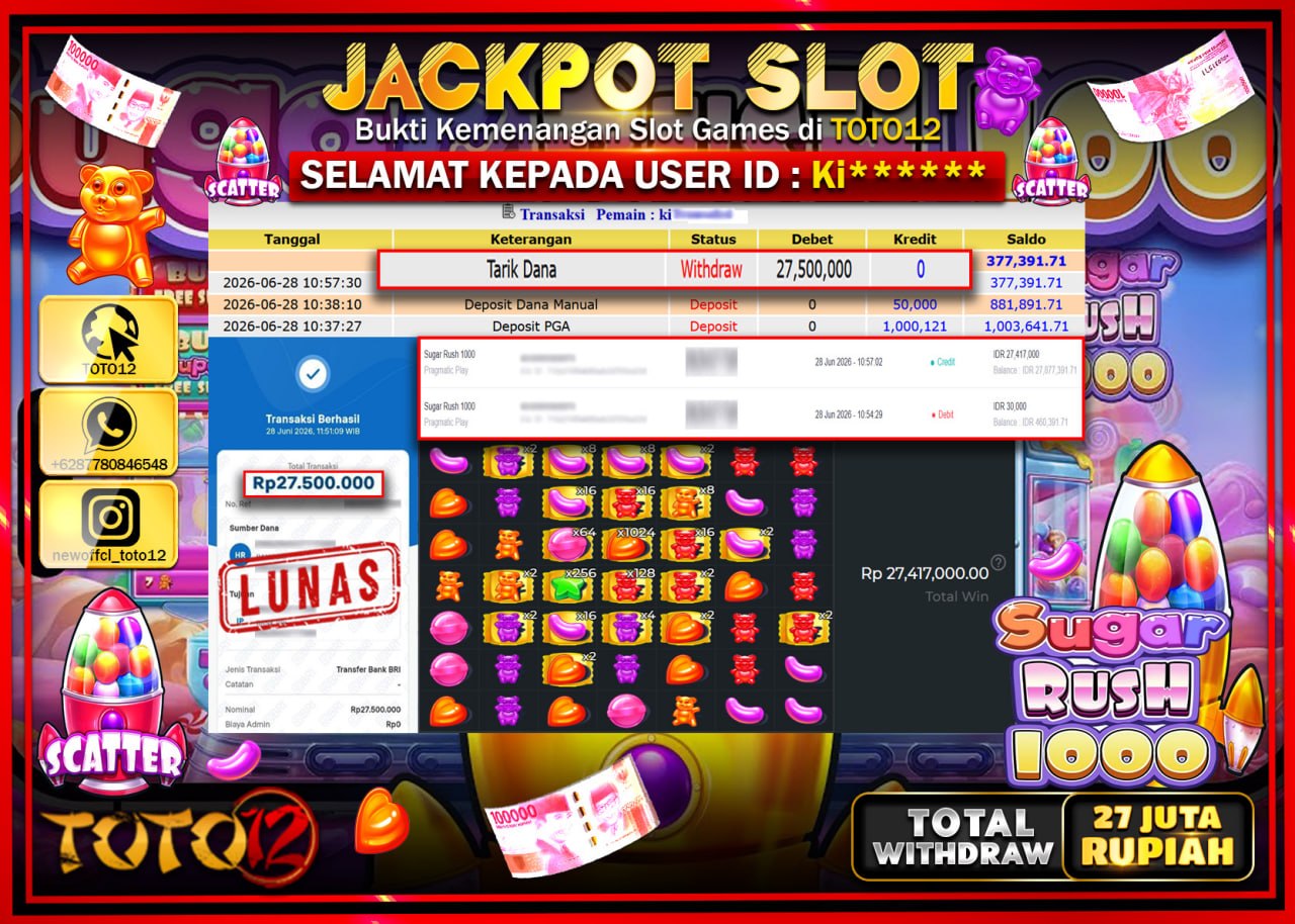 HANYA DI TOTO12 JP PASTI DI BAYAR LUNAS DAN CEPAT!!!!!! JACKPOT SLOT GAME (SUGAR RUSH 1000) Rp27.500.000!!!!