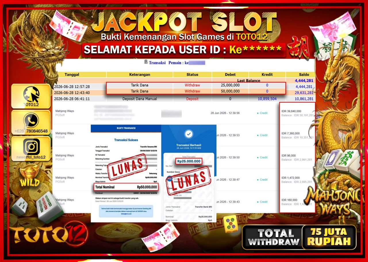HANYA DI TOTO12 JP PASTI DI BAYAR LUNAS DAN CEPAT!!!!!! JACKPOT SLOT GAME (MAHJONG WAYS) Rp75.000.000!!!!