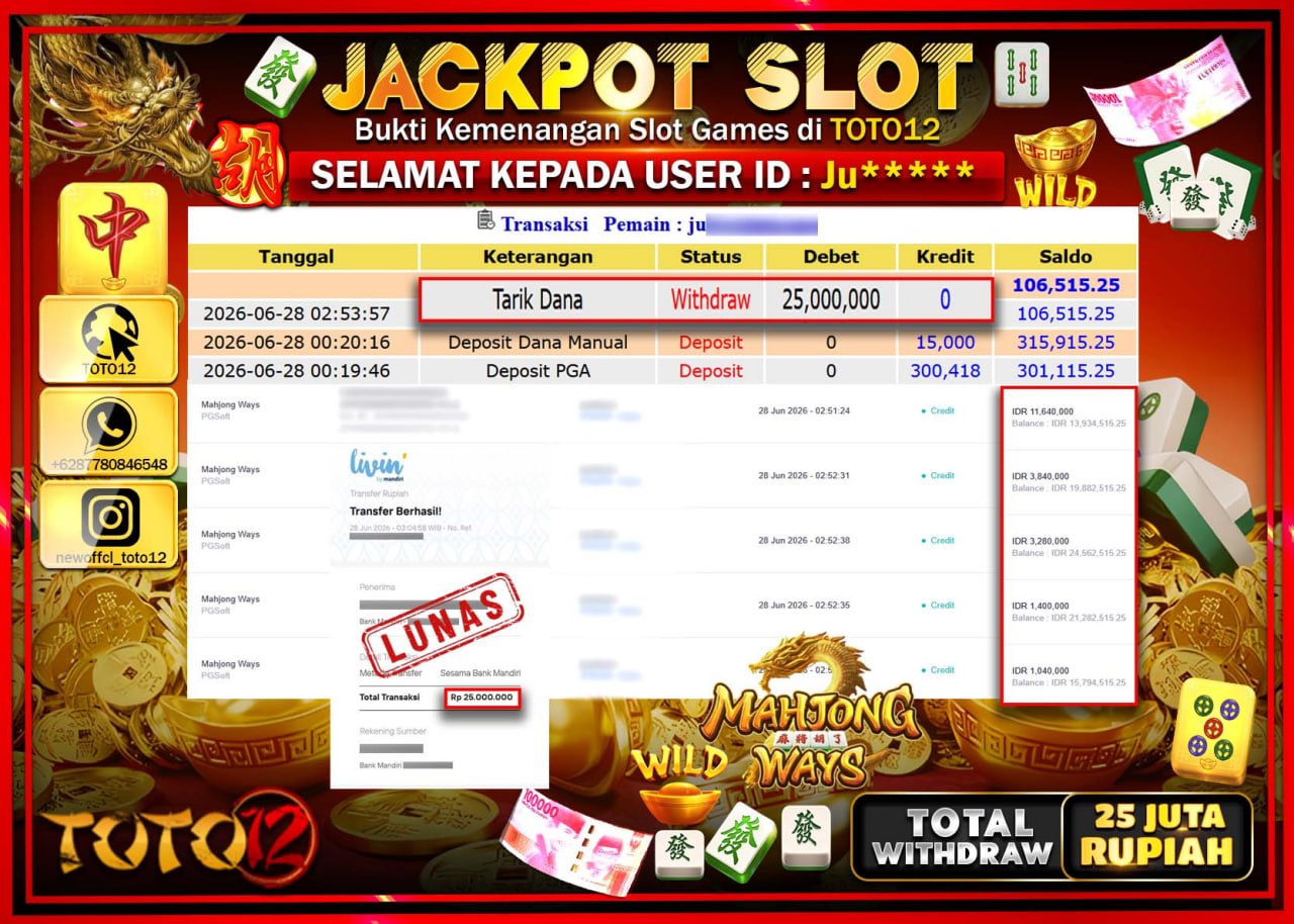 HANYA DI TOTO12 JP PASTI DI BAYAR LUNAS DAN CEPAT!!!!!! JACKPOT SLOT GAME (MAHJONG WAYS) Rp25.000.000!!!!