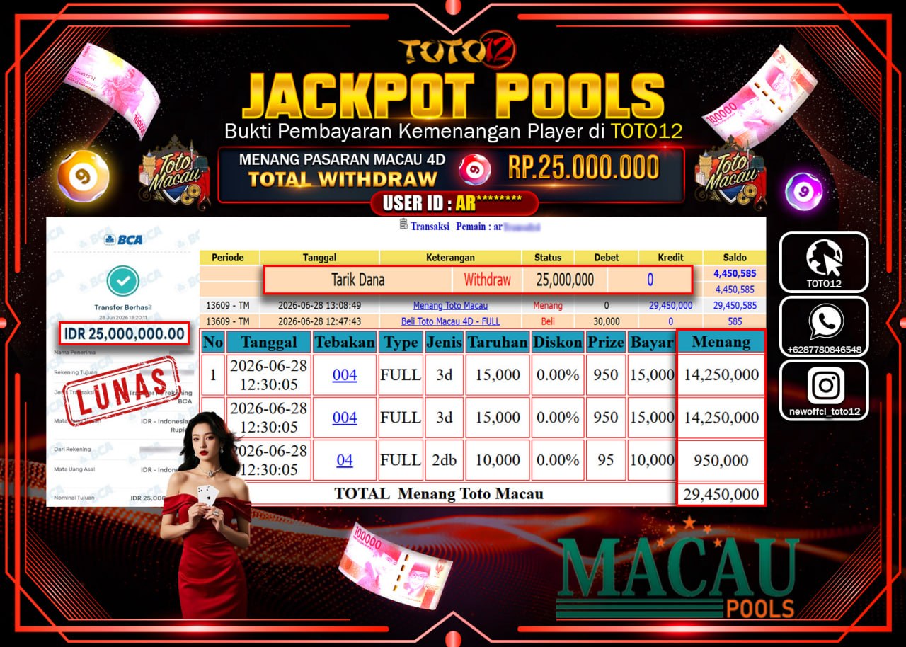 HANYA DI TOTO12 JP PASTI DI BAYAR LUNAS DAN CEPAT!!!!!! JACKPOT POOLS PASARAN (MACAU 4D) Rp25.000.000!!!!