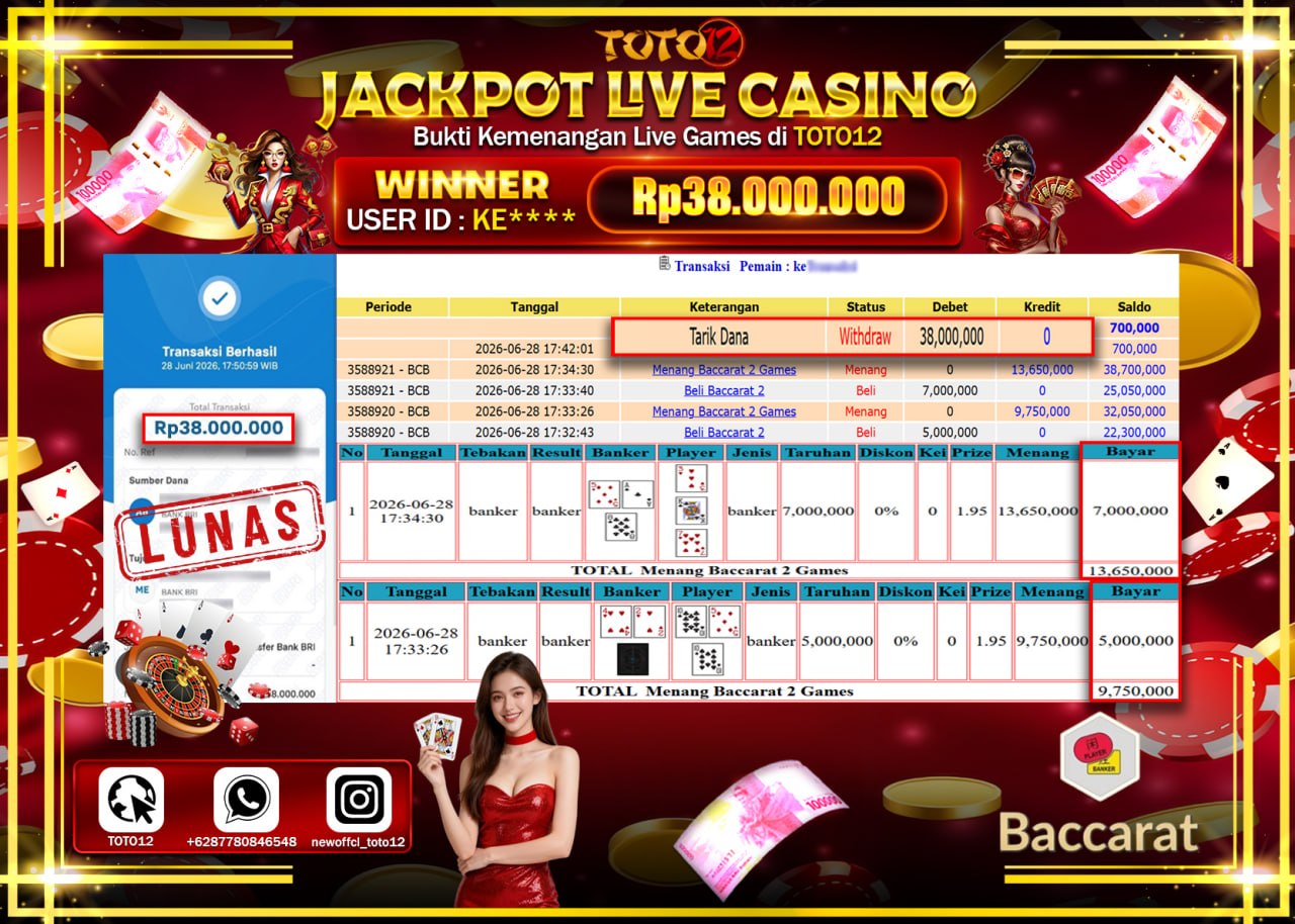 HANYA DI TOTO12 JP PASTI DI BAYAR LUNAS DAN CEPAT!!!!!! JACKPOT  LIVE GAME CASINO (BACCARAT 2) Rp38.000.000!!!!