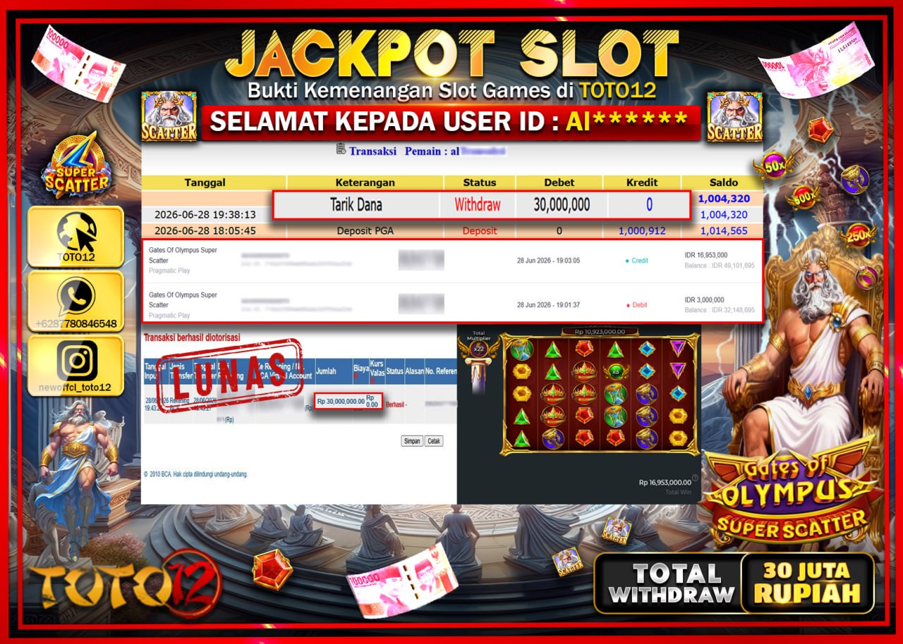 HANYA DI TOTO12 JP PASTI DI BAYAR LUNAS DAN CEPAT!!!!!! JACKPOT SLOT GAME (GATES OF OLYMPUS SUPER SCATTER) Rp30.000.000!!!!