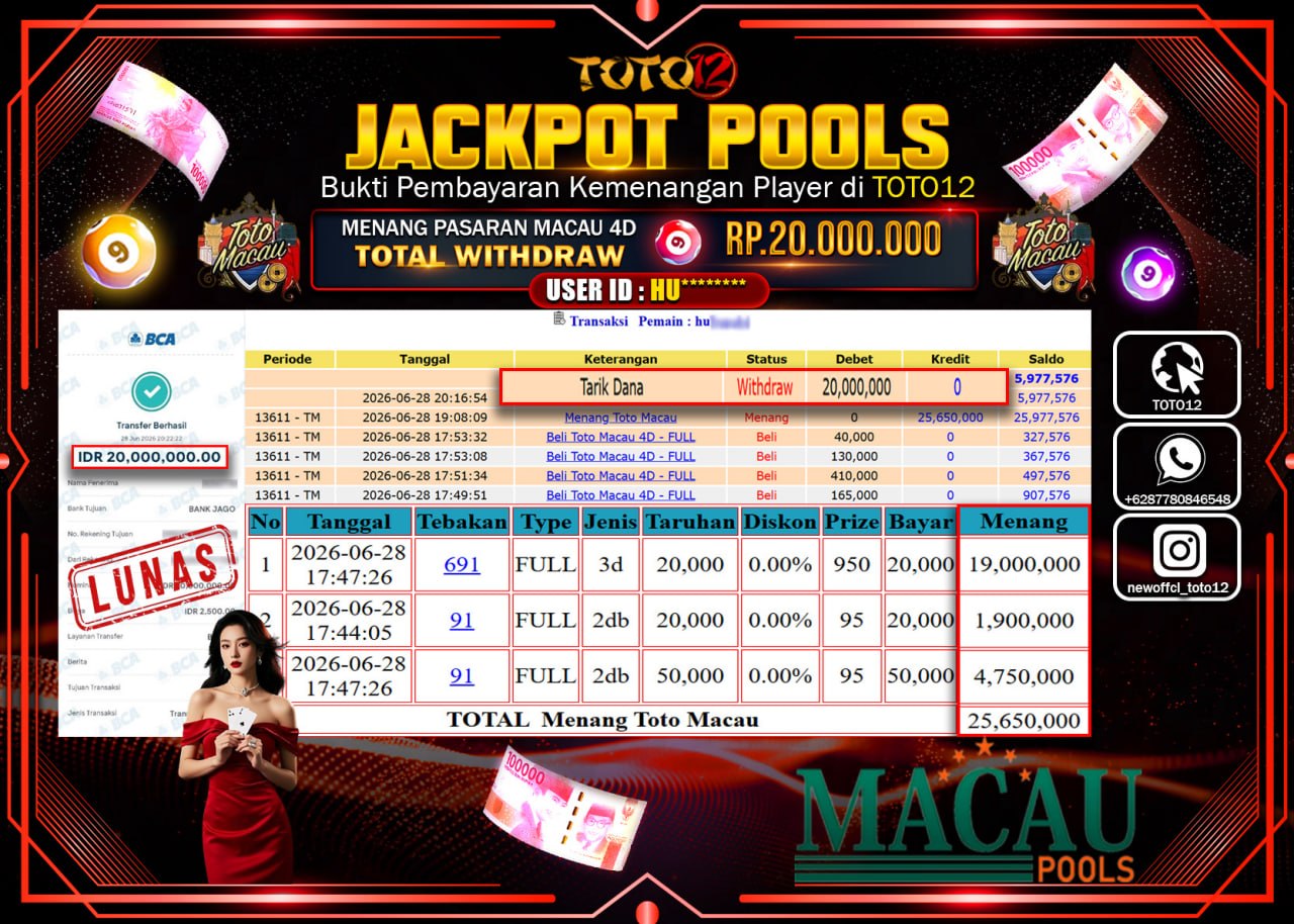HANYA DI TOTO12 JP PASTI DI BAYAR LUNAS DAN CEPAT!!!!!! JACKPOT POOLS PASARAN (MACAU 4D) Rp20.000.000!!!!