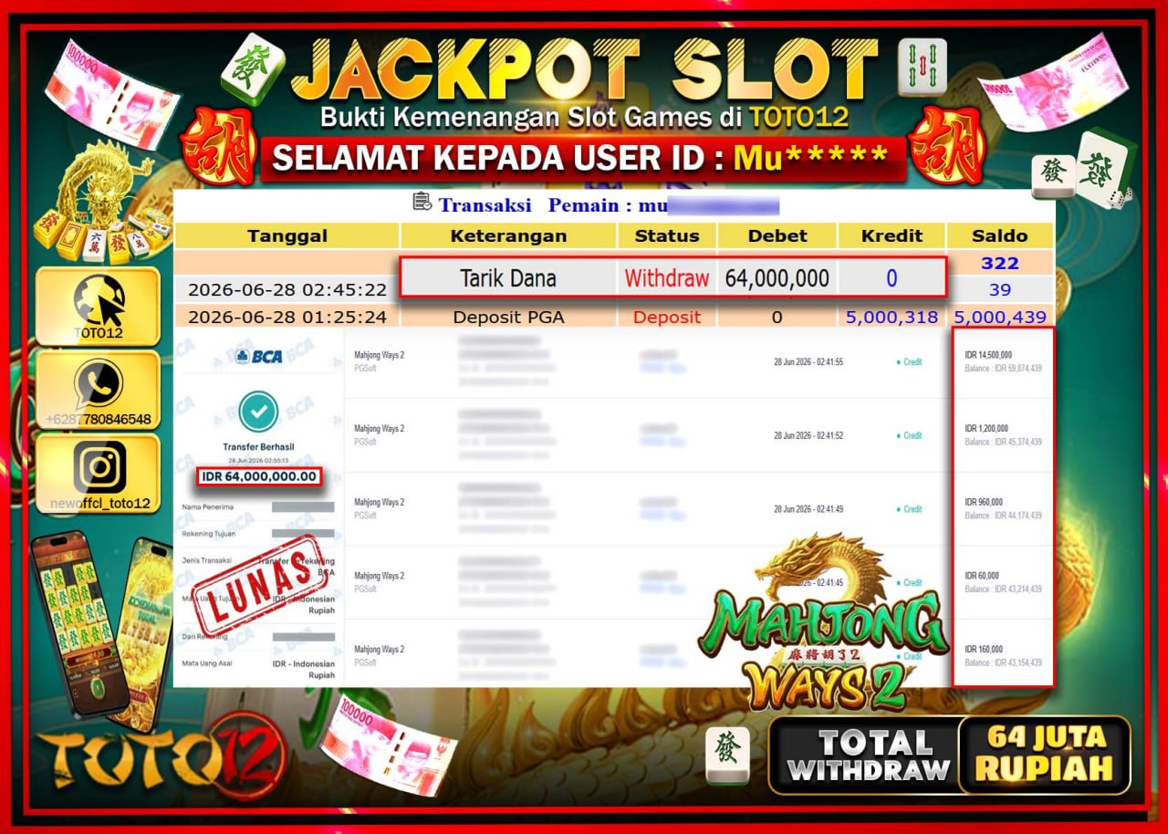 HANYA DI TOTO12 JP PASTI DI BAYAR LUNAS DAN CEPAT!!!!!! JACKPOT SLOT GAME (MAHJONG WAYS 2) Rp64.000.000!!!!