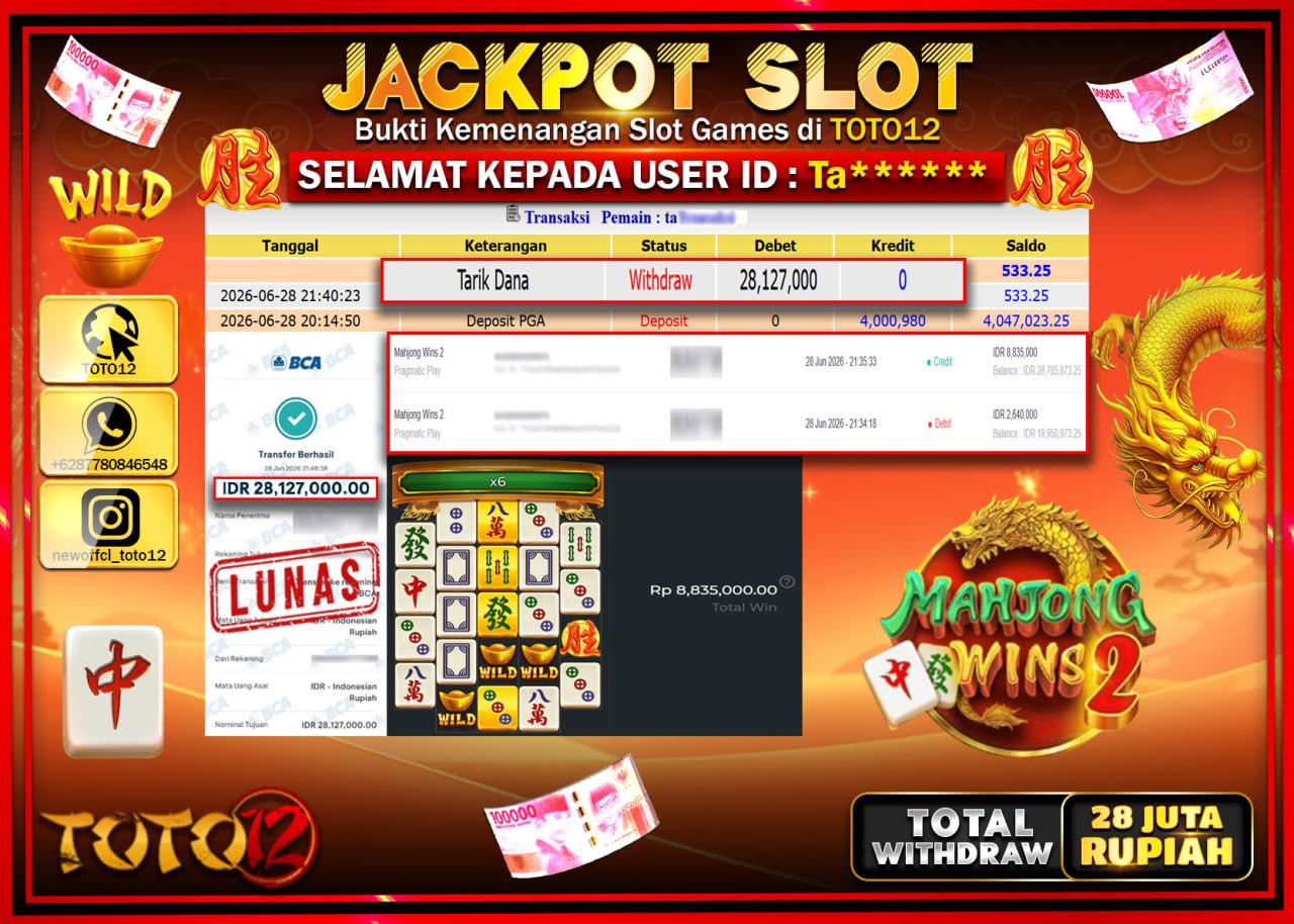 HANYA DI TOTO12 JP PASTI DI BAYAR LUNAS DAN CEPAT!!!!!! JACKPOT SLOT GAME (MAHJONG WINS 2) Rp28.127.000!!!!