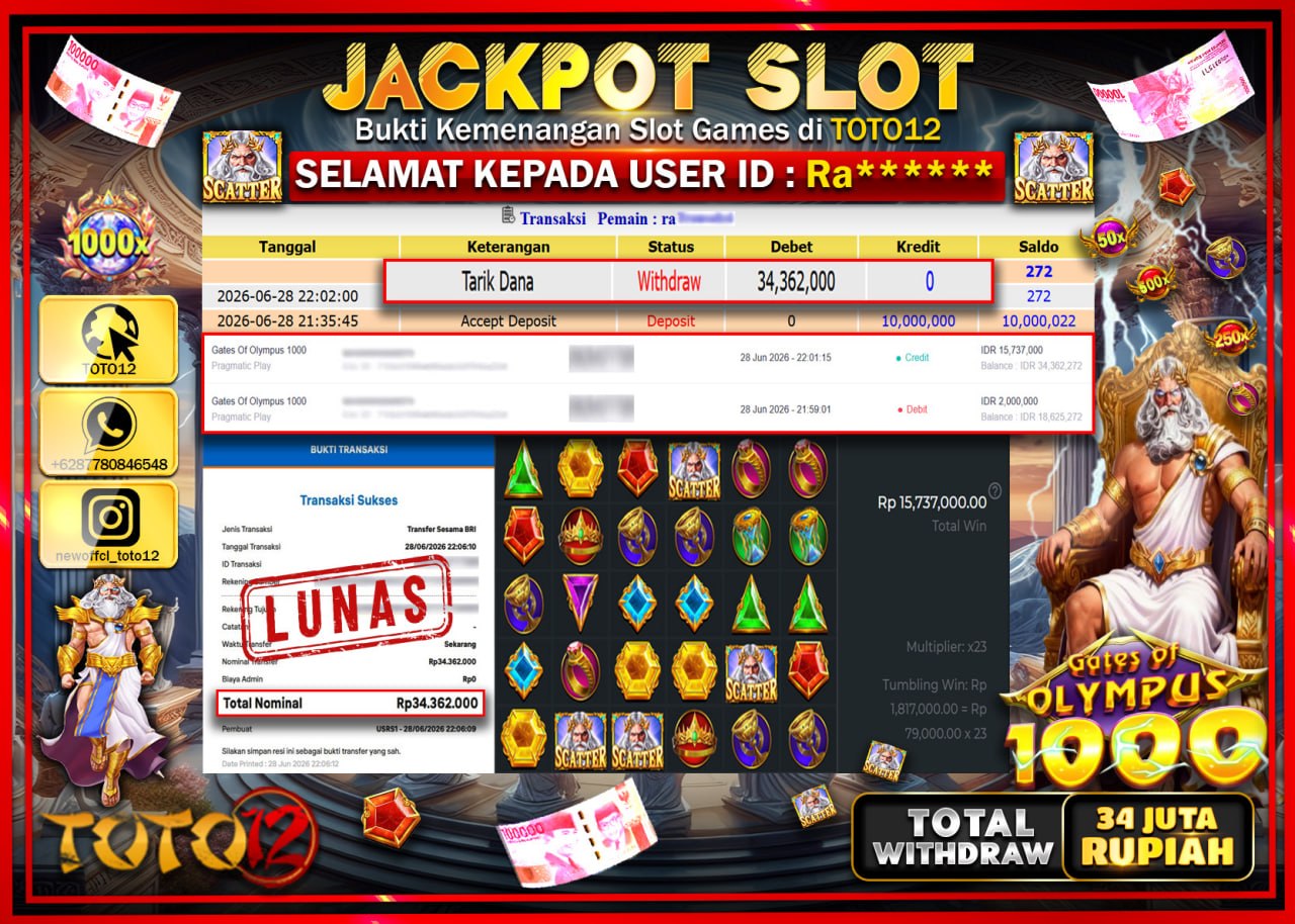 HANYA DI TOTO12 JP PASTI DI BAYAR LUNAS DAN CEPAT!!!!!! JACKPOT SLOT GAME (GATES OF OLYMPUS 1000) Rp34.362.000!!!!