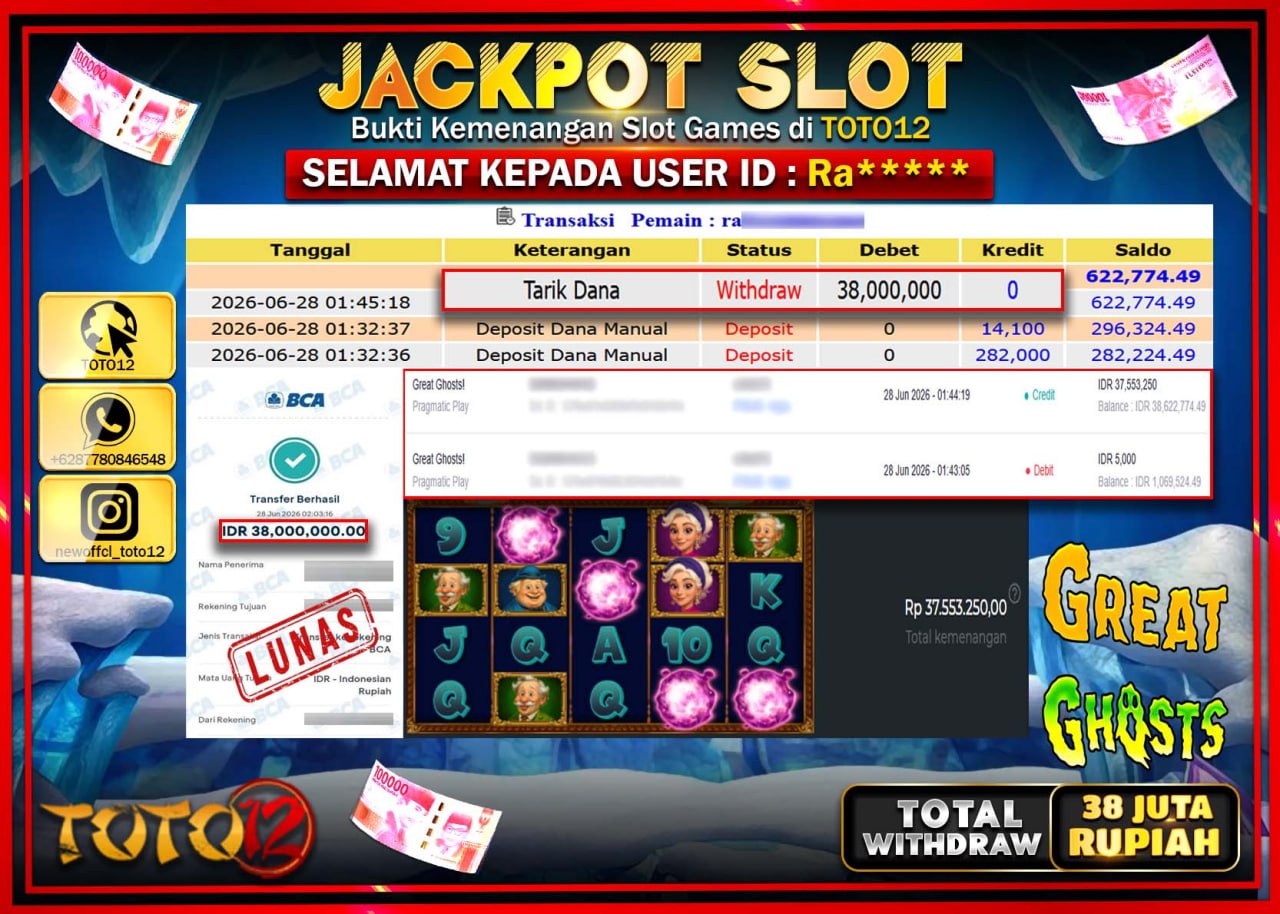 HANYA DI TOTO12 JP PASTI DI BAYAR LUNAS DAN CEPAT!!!!!! JACKPOT SLOT GAME (GREAT GHOSTS) Rp38.000.000!!!!