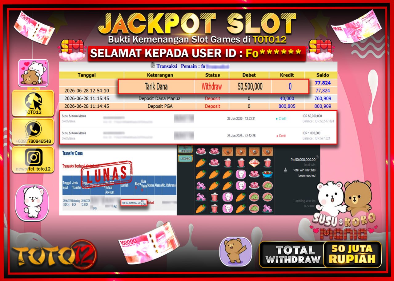 HANYA DI TOTO12 JP PASTI DI BAYAR LUNAS DAN CEPAT!!!!!! JACKPOT SLOT GAME (SUSU & KOKO MANIA) Rp50.500.000!!!!