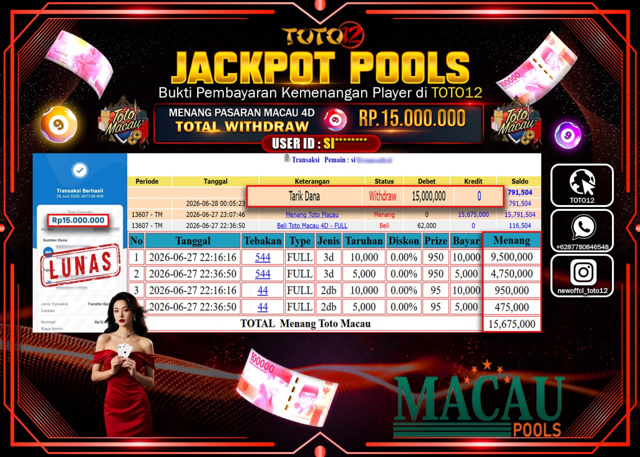 HANYA DI TOTO12 JP PASTI DI BAYAR LUNAS DAN CEPAT!!!!!! JACKPOT POOLS PASARAN (MACAU 4D) Rp15.000.000!!!!