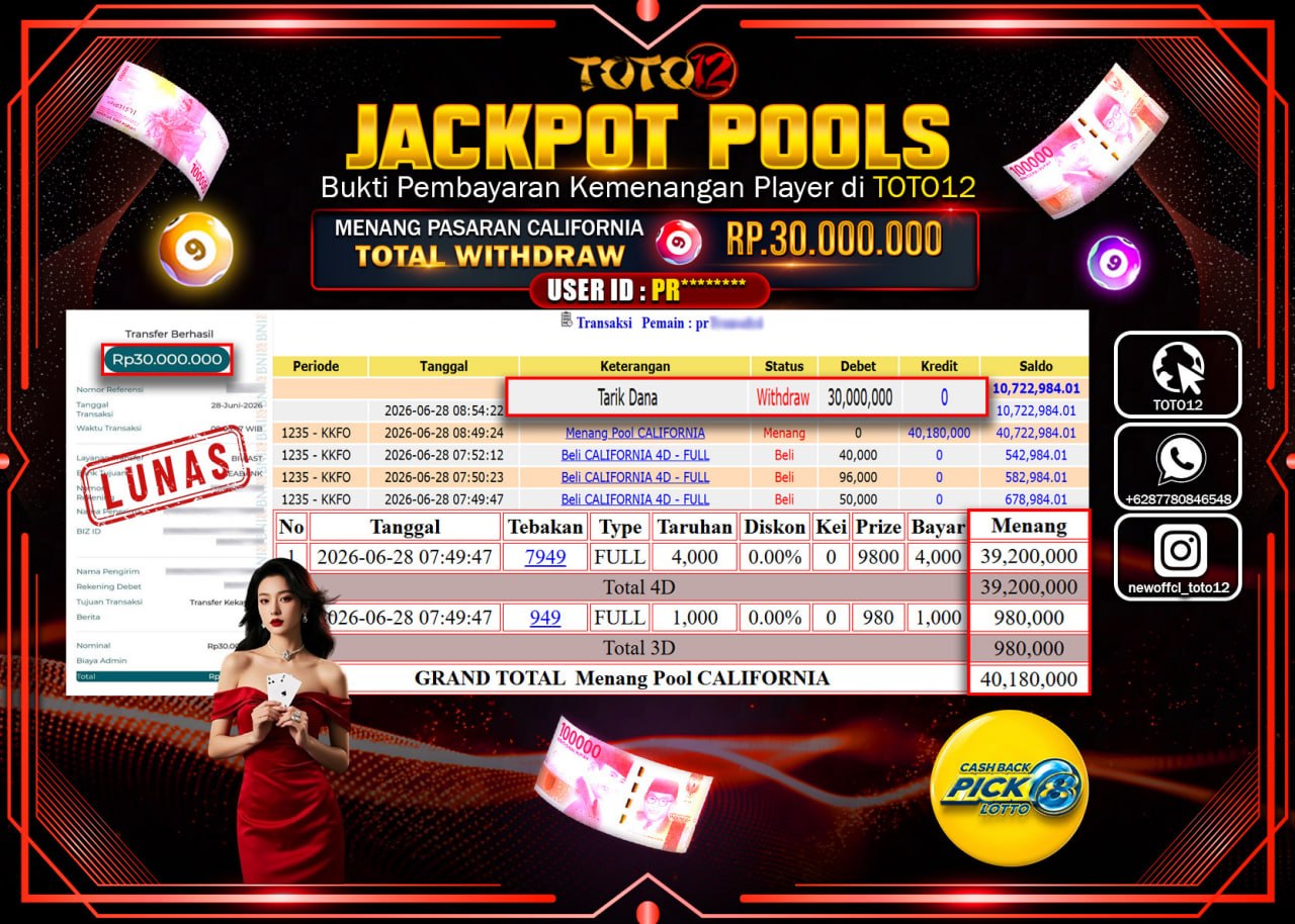 HANYA DI TOTO12 JP PASTI DI BAYAR LUNAS DAN CEPAT!!!!!! JACKPOT POOLS PASARAN (CALIFORNIA) Rp30.000.000!!!!
