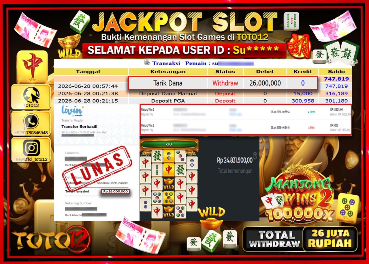 HANYA DI TOTO12 JP PASTI DI BAYAR LUNAS DAN CEPAT!!!!!! JACKPOT SLOT GAME (MAHJONG WINS 2) Rp26.000.000!!!!