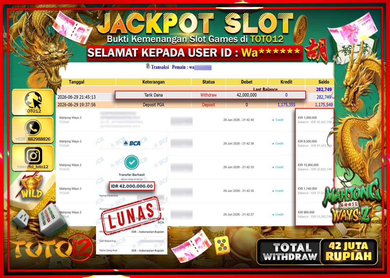 HANYA DI TOTO12 JP PASTI DI BAYAR LUNAS DAN CEPAT!!!!!! JACKPOT SLOT GAME (MAHJONG WAYS 2) Rp42.000.000!!!!