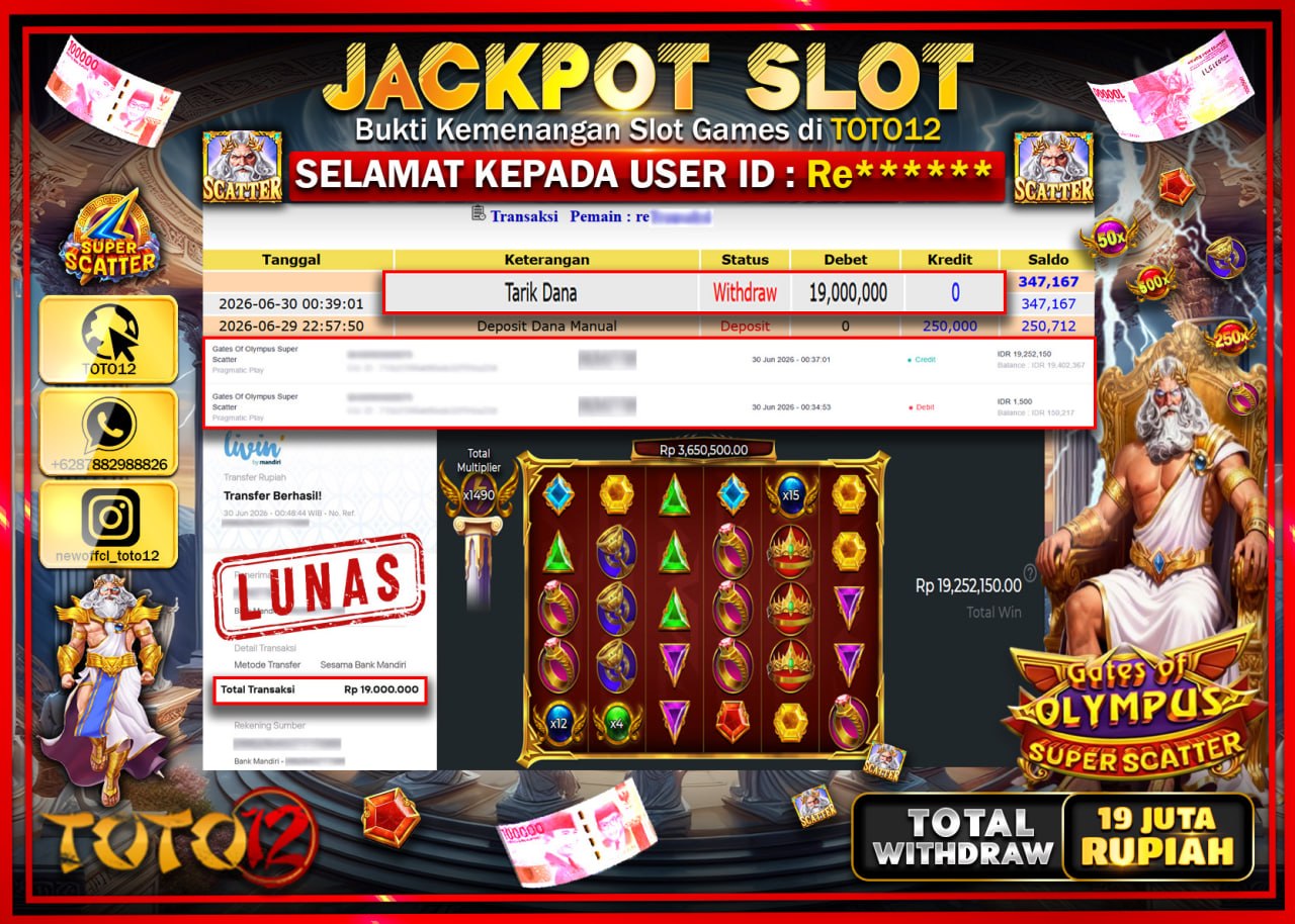 HANYA DI TOTO12 JP PASTI DI BAYAR LUNAS DAN CEPAT!!!!!! JACKPOT SLOT GAME (GATES OF OLYMPUS SUPER SCATTER) Rp19.000.000!!!!