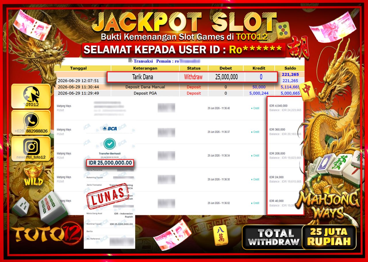HANYA DI TOTO12 JP PASTI DI BAYAR LUNAS DAN CEPAT!!!!!! JACKPOT SLOT GAME (MAHJONG WAYS) Rp25.000.000!!!!