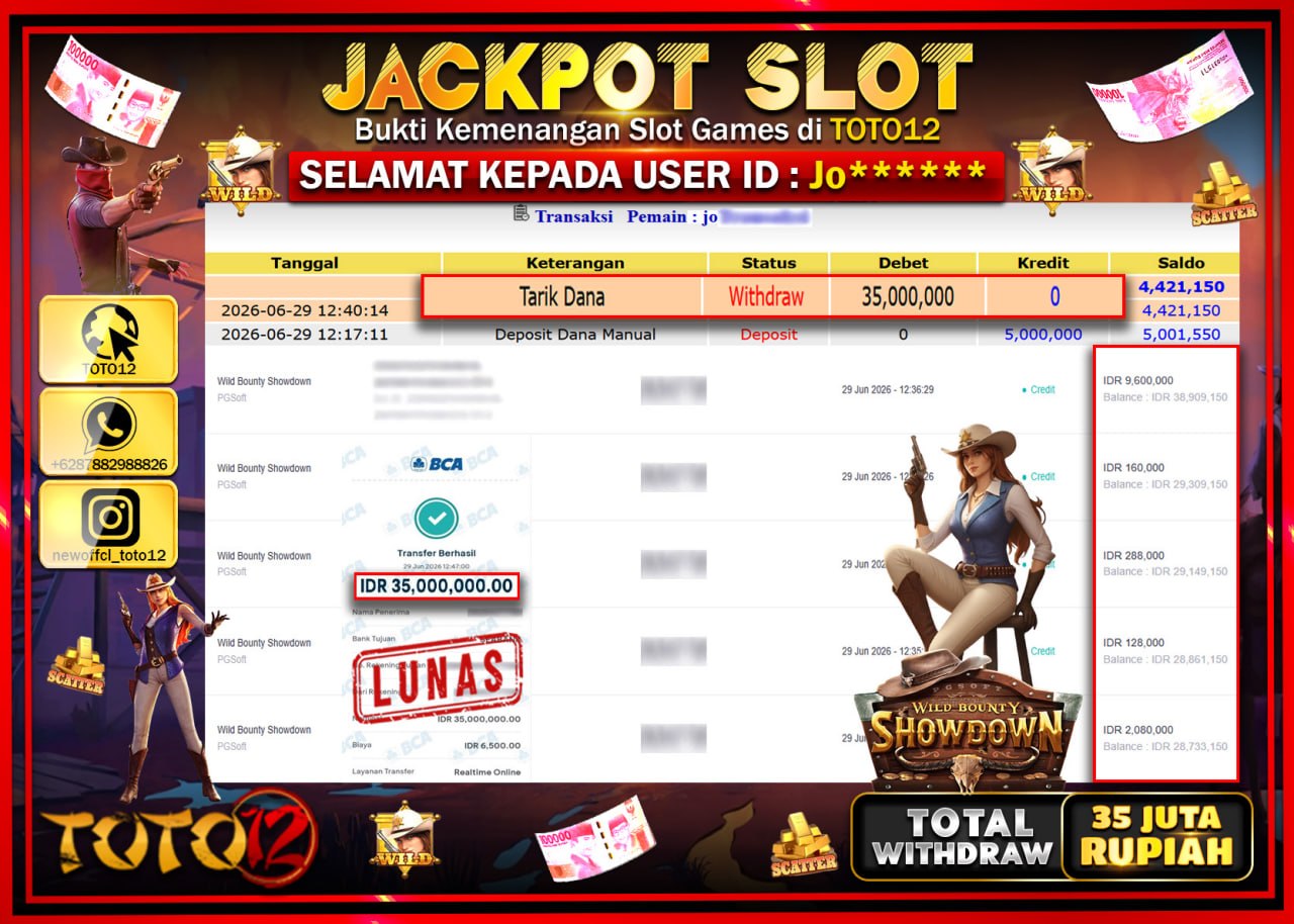 HANYA DI TOTO12 JP PASTI DI BAYAR LUNAS DAN CEPAT!!!!!! JACKPOT SLOT GAME (WILD BOUNTY SHOWDOWN) Rp35.000.000!!!!