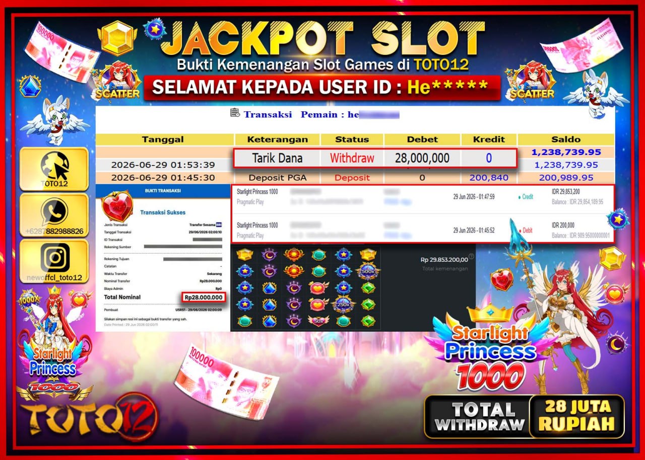 HANYA DI TOTO12 JP PASTI DI BAYAR LUNAS DAN CEPAT!!!!!! JACKPOT SLOT GAME (STARLIGHT PRINCESS 1000) Rp28.000.000!!!!