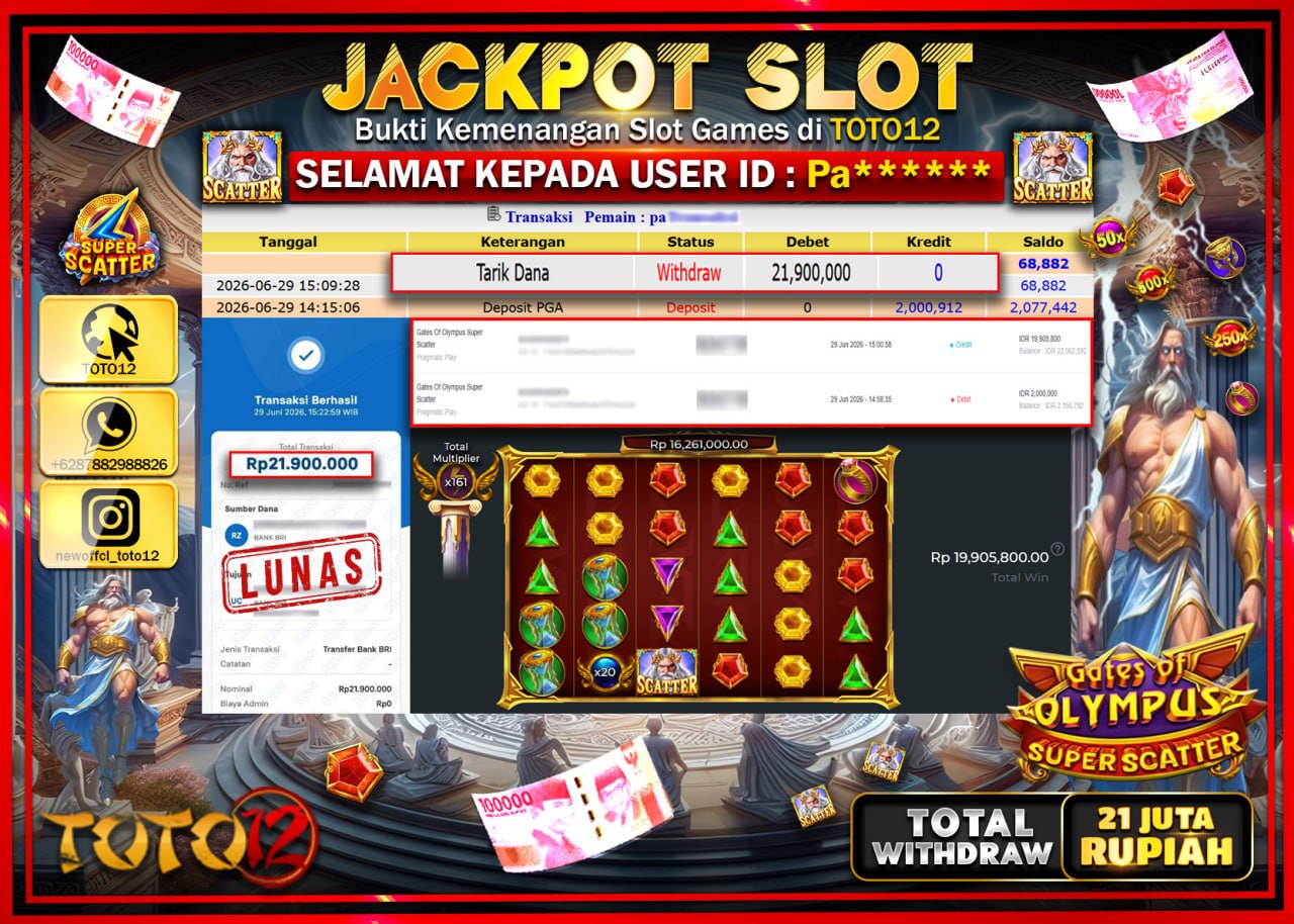 HANYA DI TOTO12 JP PASTI DI BAYAR LUNAS DAN CEPAT!!!!!! JACKPOT SLOT GAME (GATES OF OLYMPUS SUPER SCATTER) Rp21.900.000!!!!