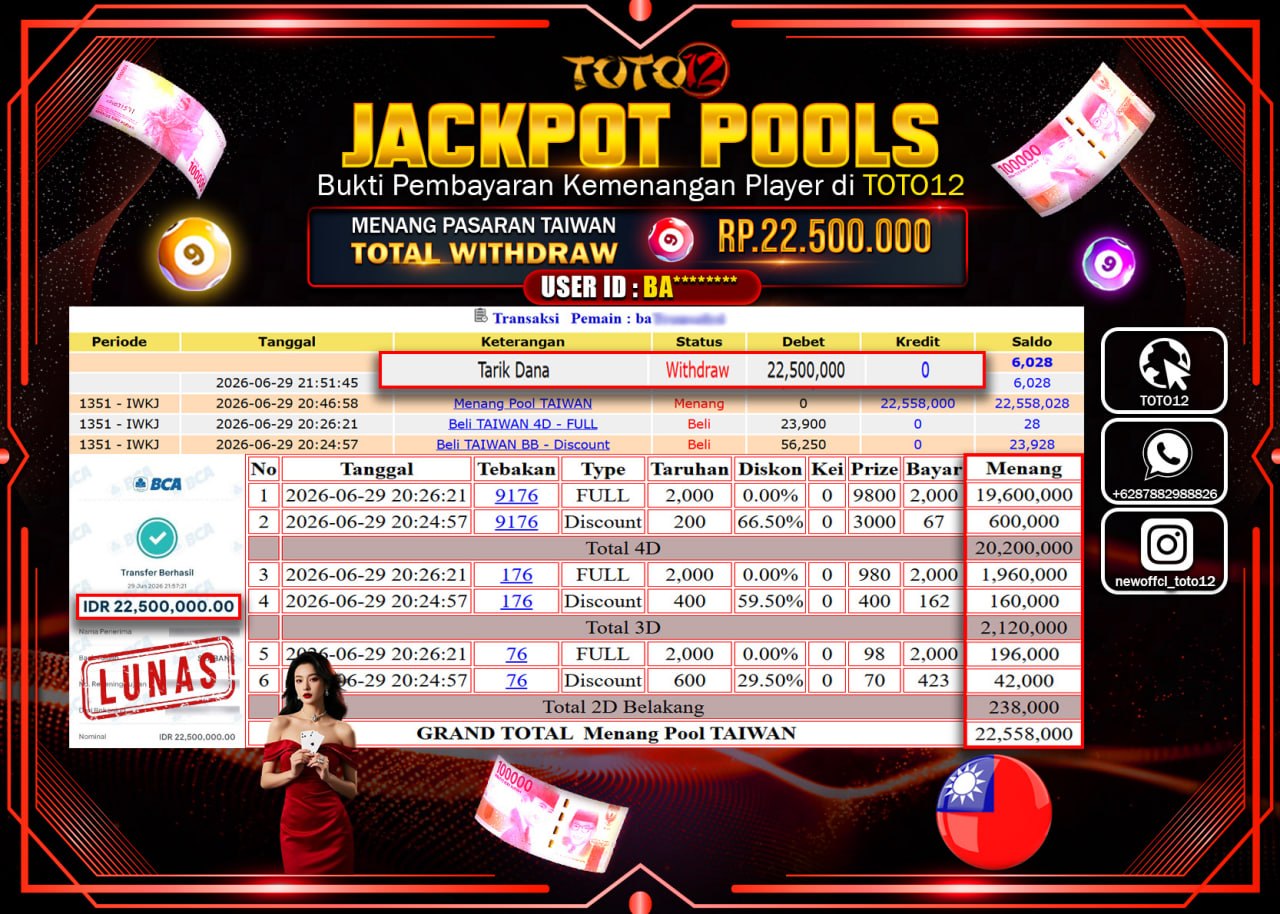 HANYA DI TOTO12 JP PASTI DI BAYAR LUNAS DAN CEPAT!!!!!! JACKPOT POOLS PASARAN (TAIWAN) Rp22.500.000!!!!