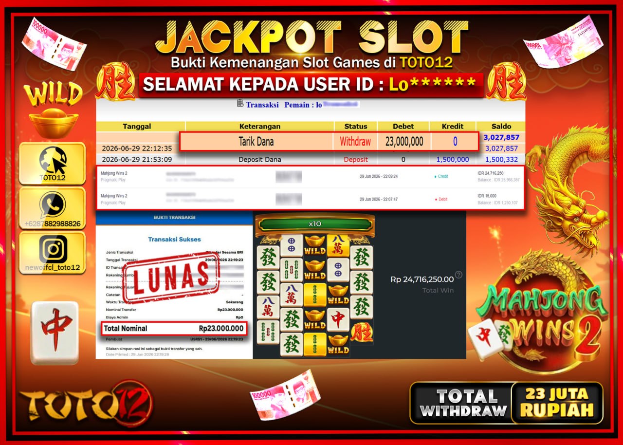 HANYA DI TOTO12 JP PASTI DI BAYAR LUNAS DAN CEPAT!!!!!! JACKPOT SLOT GAME (MAHJONG WINS 2) Rp23.000.000!!!!