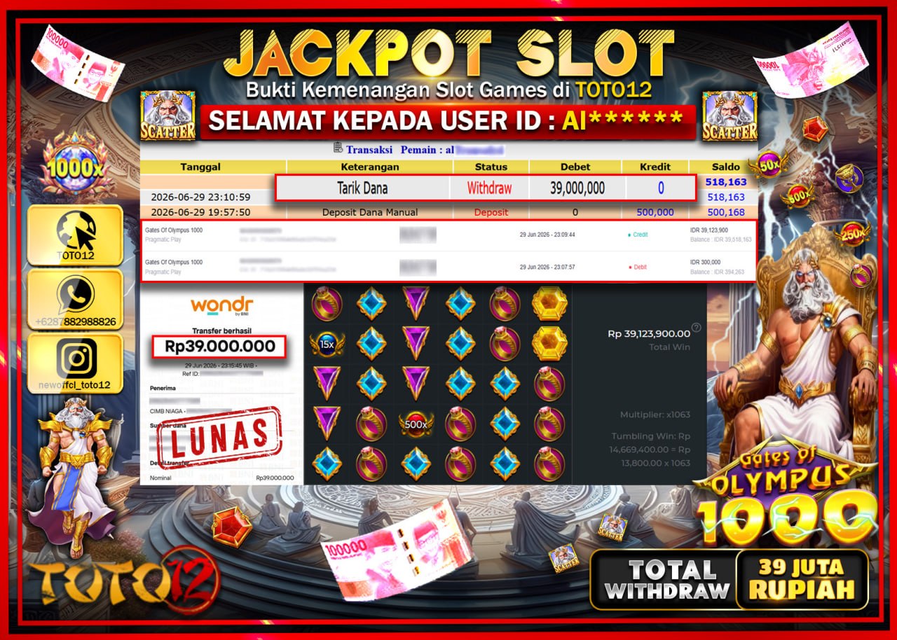 HANYA DI TOTO12 JP PASTI DI BAYAR LUNAS DAN CEPAT!!!!!! JACKPOT SLOT GAME (GATES OF OLYMPUS 1000) Rp39.000.000!!!!