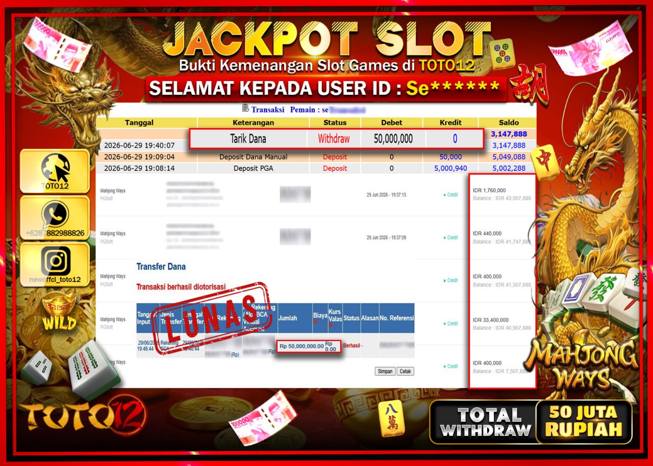 HANYA DI TOTO12 JP PASTI DI BAYAR LUNAS DAN CEPAT!!!!!! JACKPOT SLOT GAME (MAHJONG WAYS) Rp50.000.000!!!!