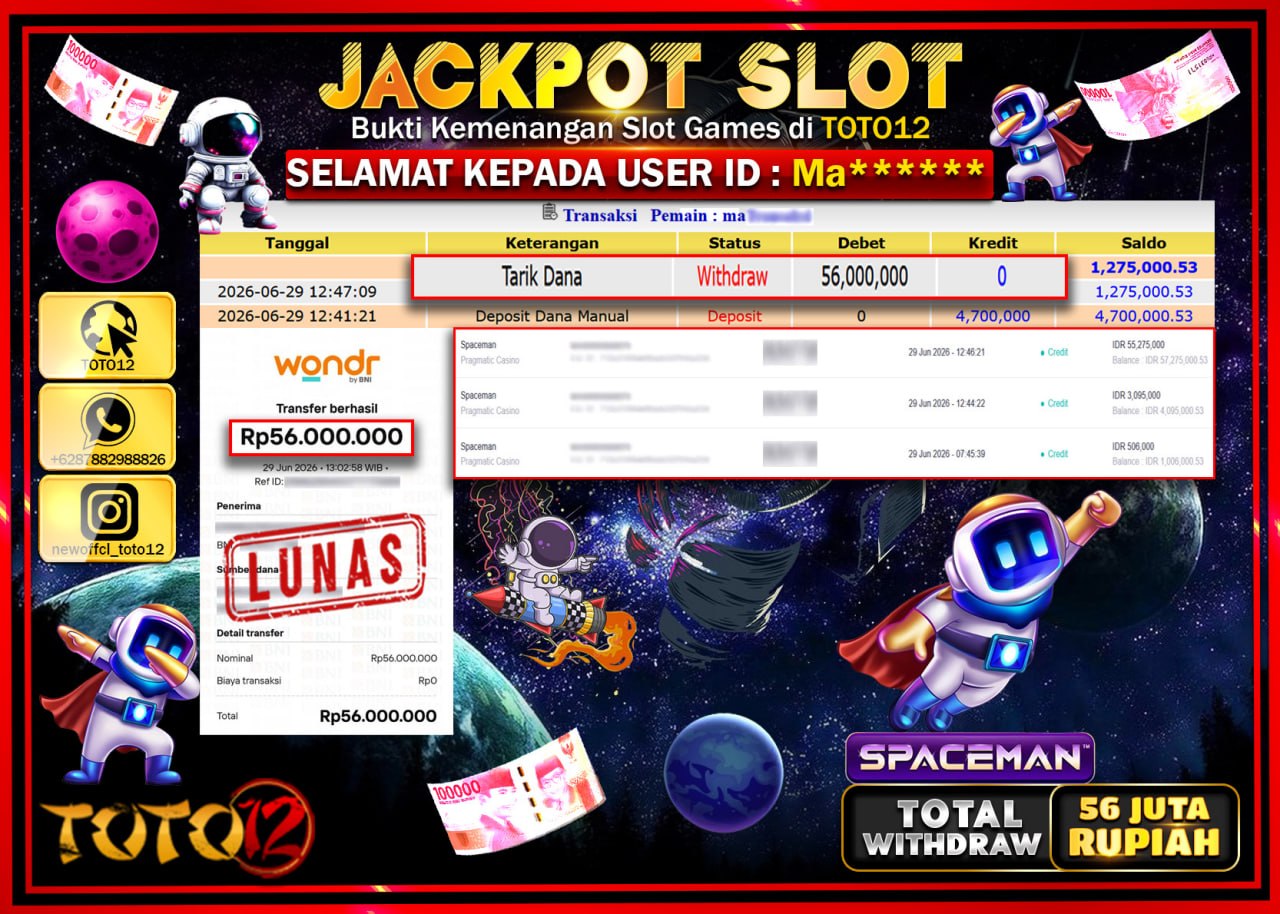 HANYA DI TOTO12 JP PASTI DI BAYAR LUNAS DAN CEPAT!!!!!! JACKPOT SLOT GAME (SPACEMAN) Rp56.000.000!!!!