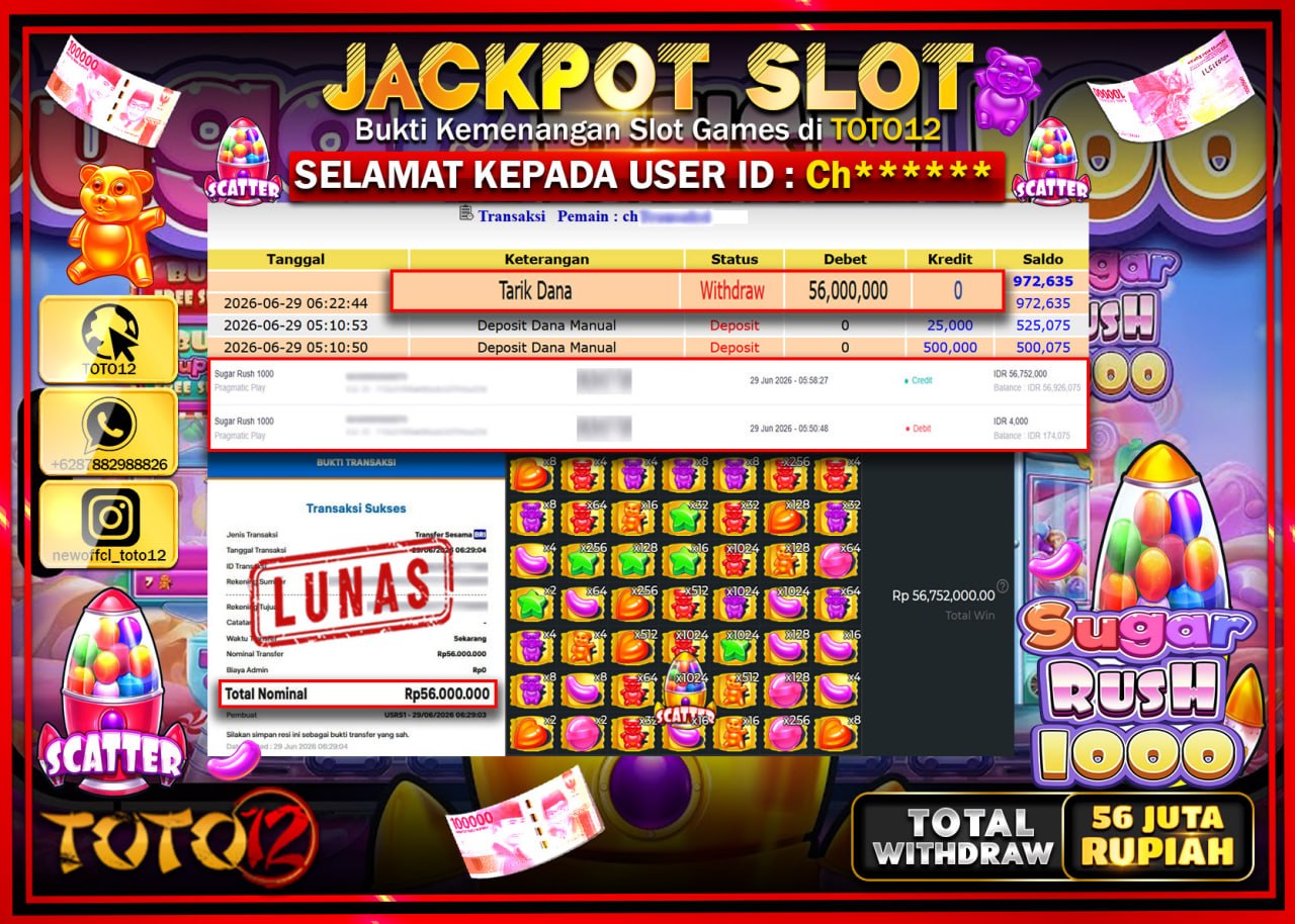HANYA DI TOTO12 JP PASTI DI BAYAR LUNAS DAN CEPAT!!!!!! JACKPOT SLOT GAME (SUGAR RUSH 1000) Rp56.000.000!!!!