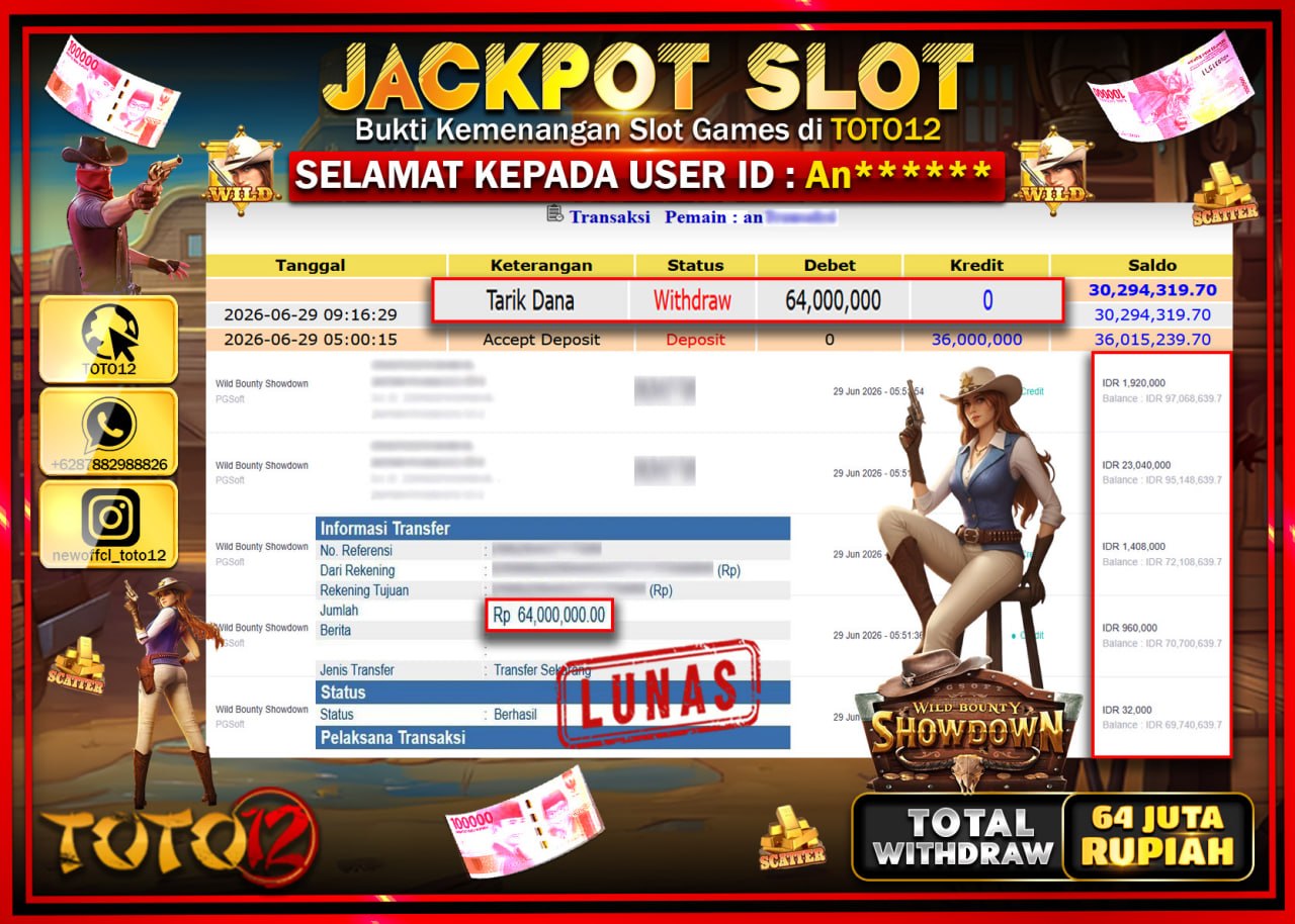 HANYA DI TOTO12 JP PASTI DI BAYAR LUNAS DAN CEPAT!!!!!! JACKPOT SLOT GAME (WILD BOUNTY SHOWDOWN) Rp64.000.000!!!!