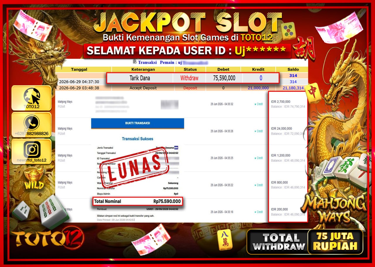 HANYA DI TOTO12 JP PASTI DI BAYAR LUNAS DAN CEPAT!!!!!! JACKPOT SLOT GAME (MAHJONG WAYS) Rp75.590.000!!!!
