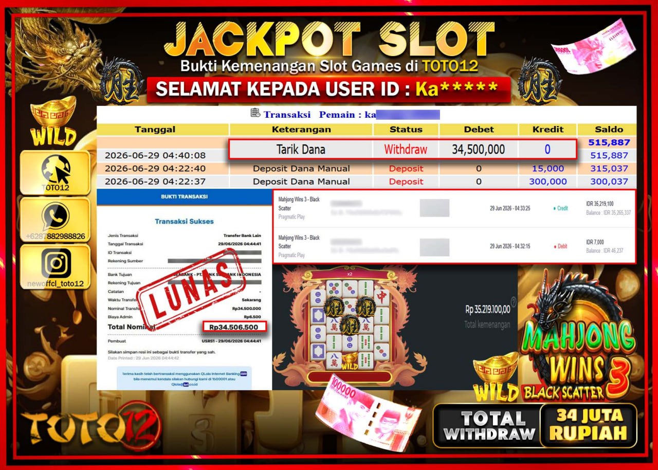 HANYA DI TOTO12 JP PASTI DI BAYAR LUNAS DAN CEPAT!!!!!! JACKPOT SLOT GAME (MAHJONG WINS 3 BLACK SCATTER) Rp34.500.000!!!!