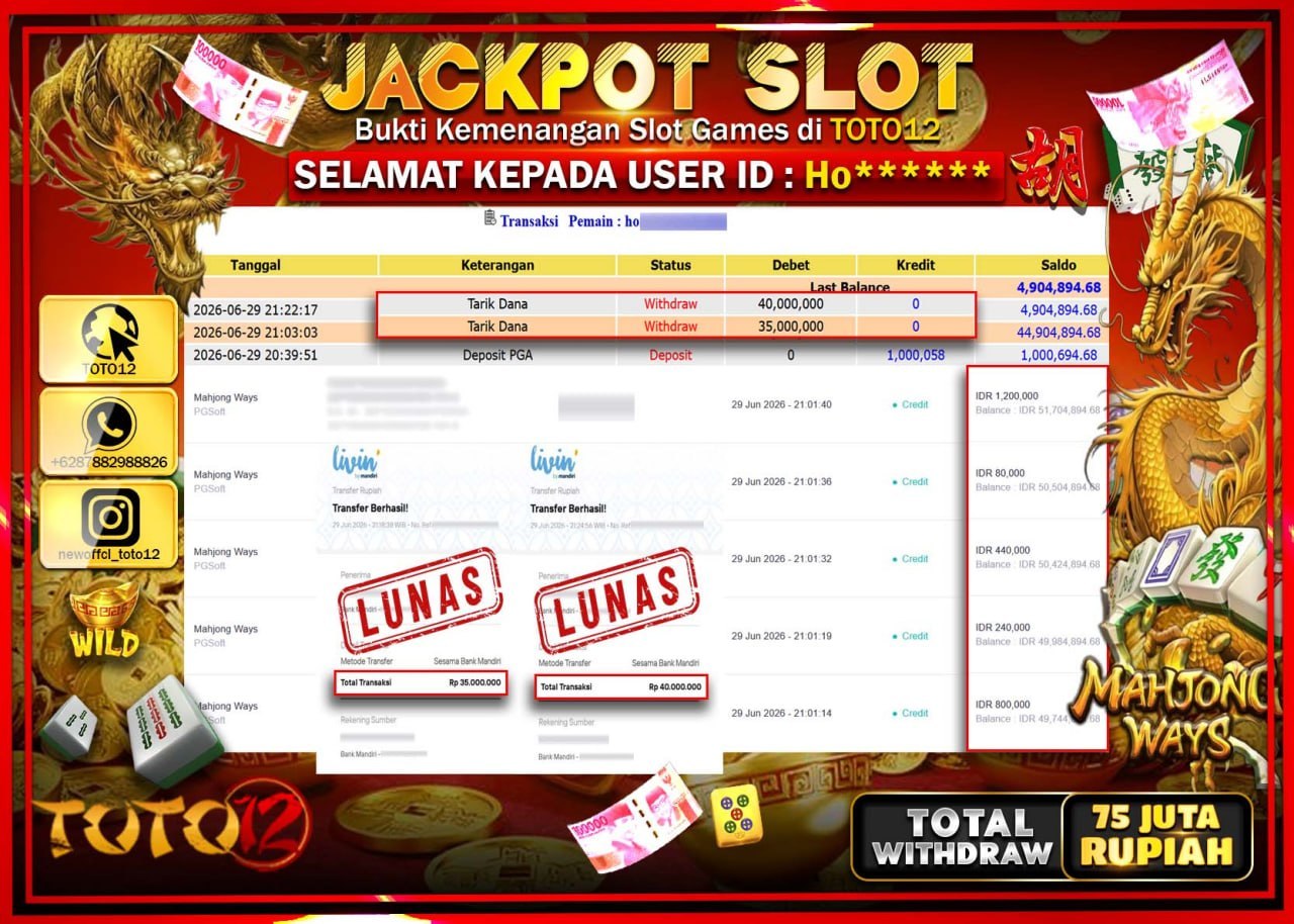 HANYA DI TOTO12 JP PASTI DI BAYAR LUNAS DAN CEPAT!!!!!! JACKPOT SLOT GAME (MAHJONG WAYS) Rp75.000.000!!!!